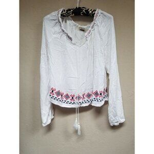 Cage Womens Embroidered Boho Peasant Top Small White Pullover Long Sleeve Tassel